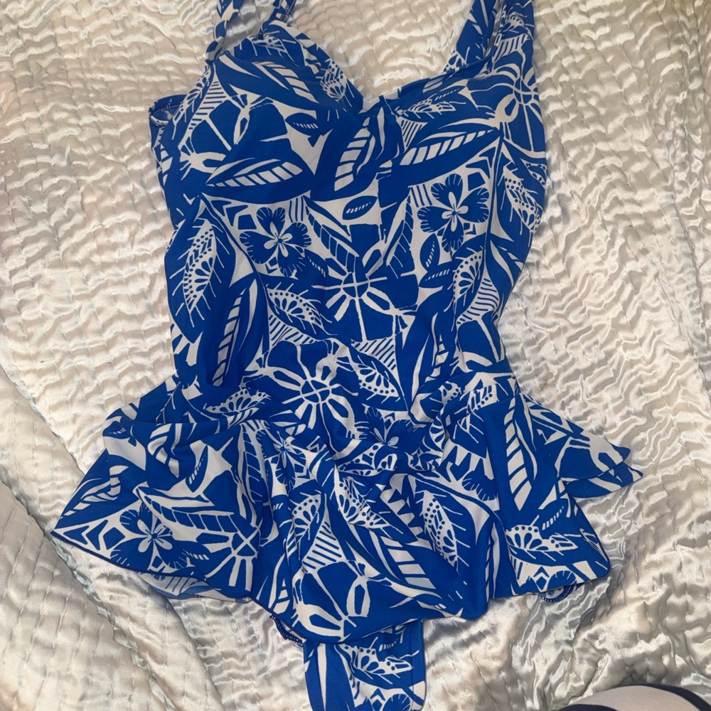 maxine of hollywood side tie skirted swimsuit blue white convertible straps 16W
